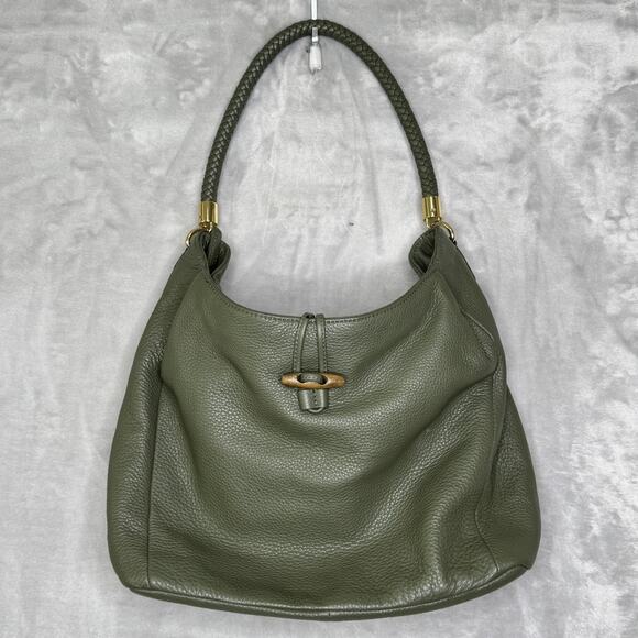 Talbots Pebbled Leather Shoulder Bag Womens Olive Green Hobo Braided Zip Top - Picture 1 of 13